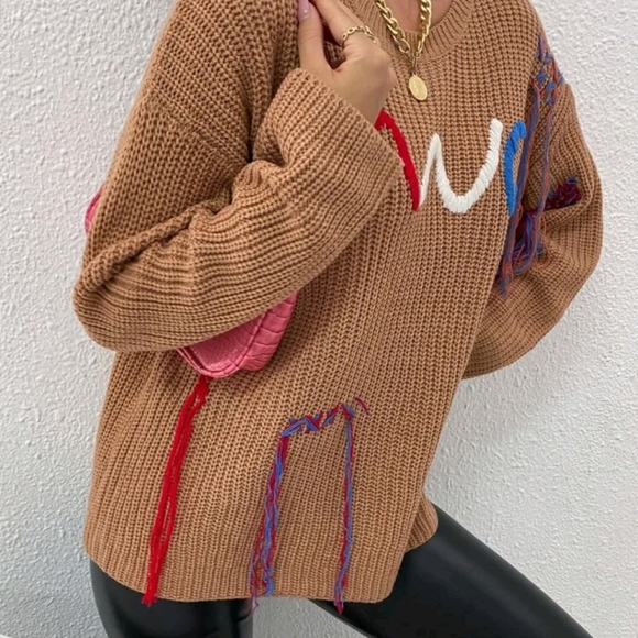 Letter Embroidery Fringe Patched Drop Shoulder Sweater - Picture 6 of 8